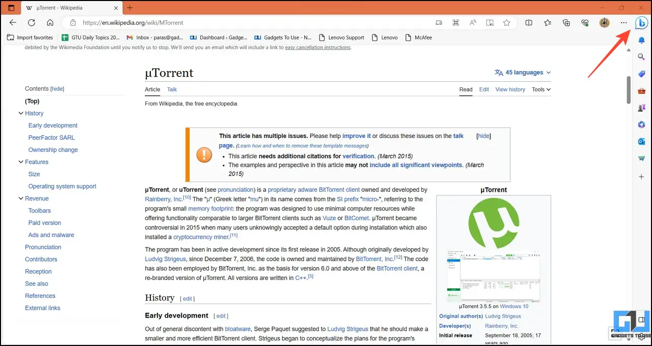 uTorrent의 위키백과 페이지에 있는 Bing AI 리콜 버튼