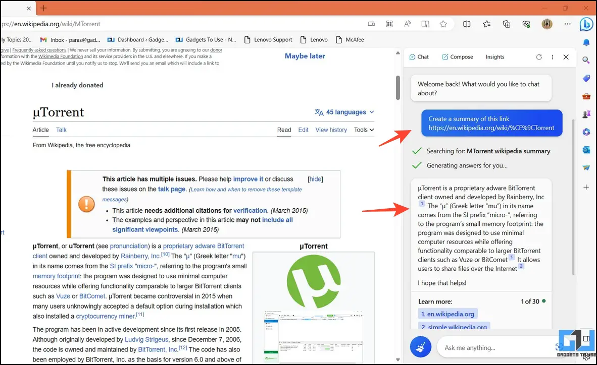 Bing AI가 만든 uTorrent의 위키백과 페이지 요약 정보