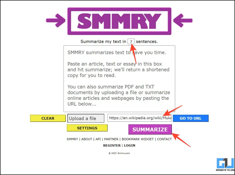 문장 길이를 7로 설정하고 요약 버튼을 강조 표시한 Smmry 도구의 UI