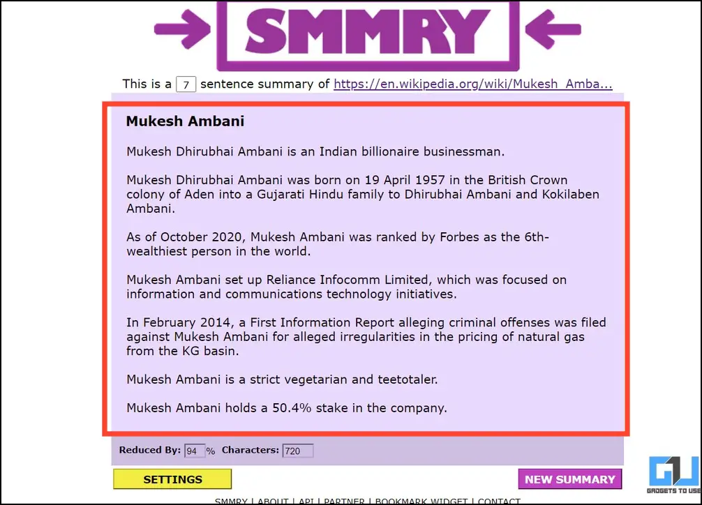 Smmry 도구에서 만든 무케시 암바니 씨에 대한 요약 정보