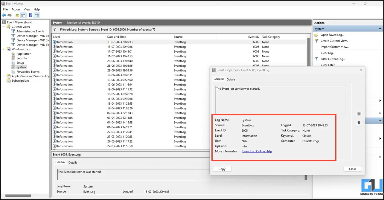 Windows 이벤트 뷰어를 사용하여 Windows 시작 및 종료 기록 확인하기
