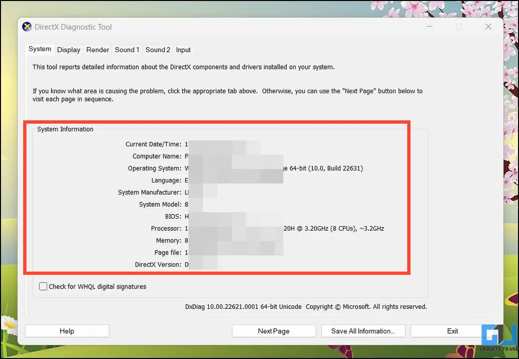 DirectX 도구에서 Windows의 모델 번호 및 사양 확인