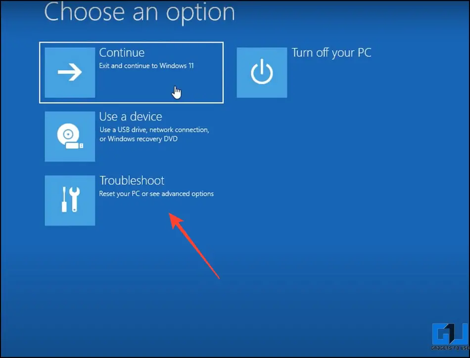 Windows 고급 시작 메뉴에서 문제 해결을 선택합니다.