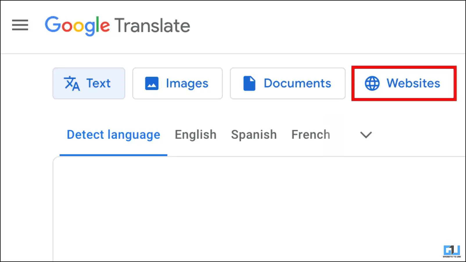 Google 번역에서 웹사이트 옵션 선택