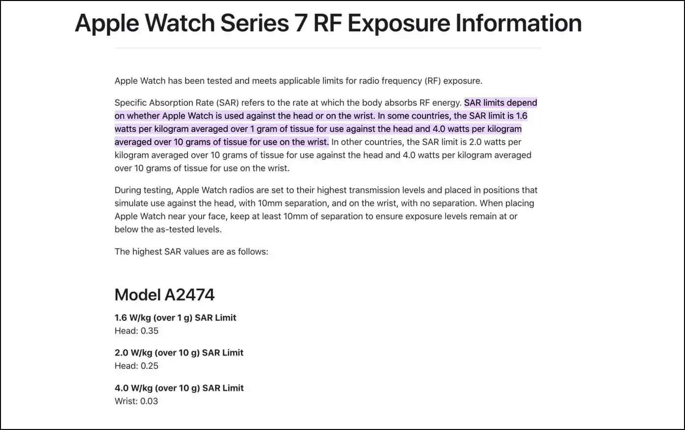 Apple 지원 페이지의 Apple Watch 방사선 노출 정보