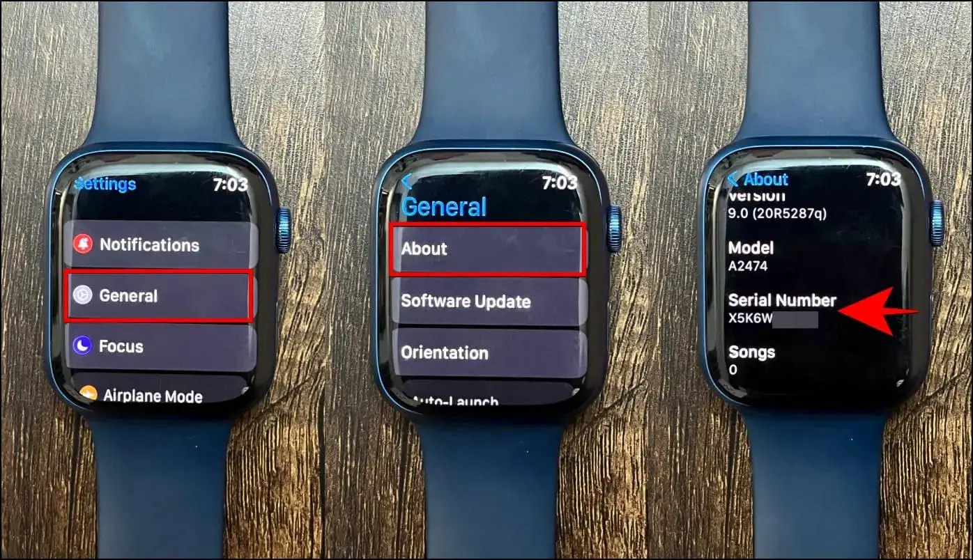 Apple Watch 설정으로 이동하여 일반 및 정보를 탭하여 일련 번호를 찾습니다.