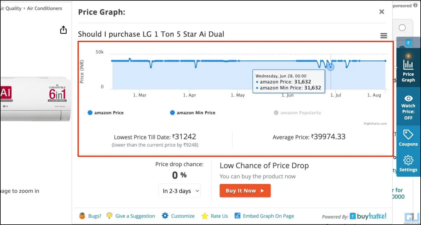 BuyHatke를 사용하여 가격 내역 보기