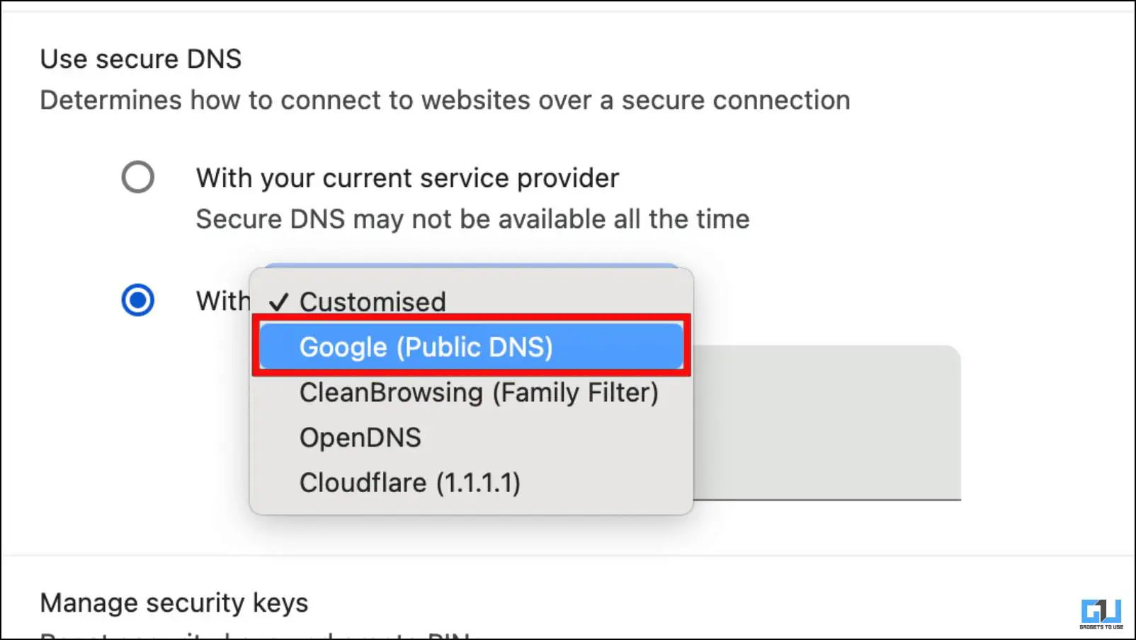 Chrome에서 글로벌 DNS 서비스 선택