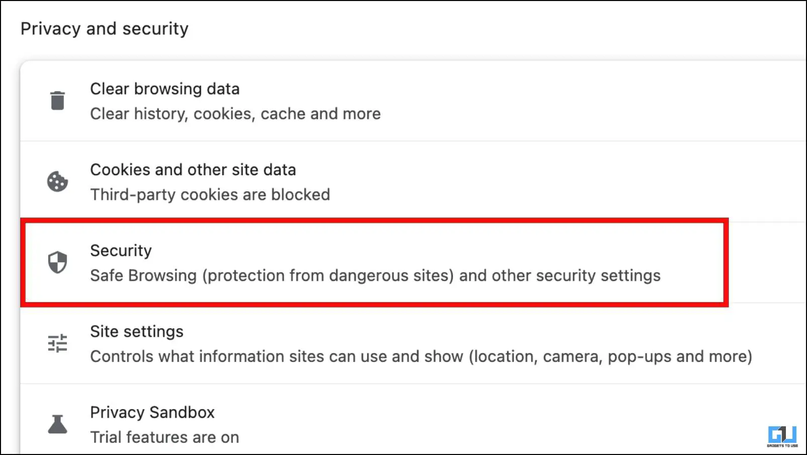 Chrome의 개인정보 및 보안 설정에서 보안 메뉴를 방문하세요.