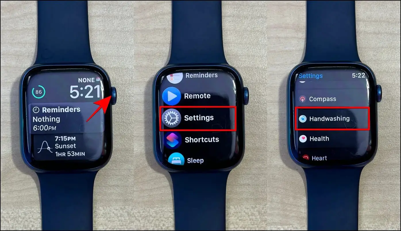 Apple Watch에서 설정을 열고 손씻기를 선택합니다.