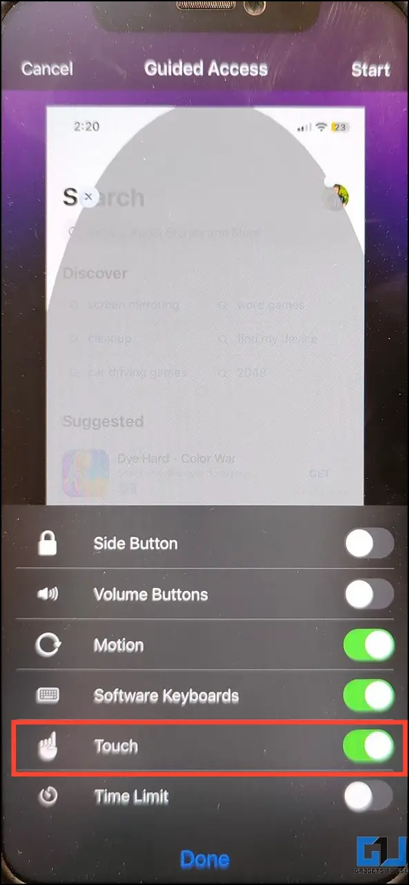 가이드 액세스를 사용하여 iPhone에서 터치 스크린 비활성화하기