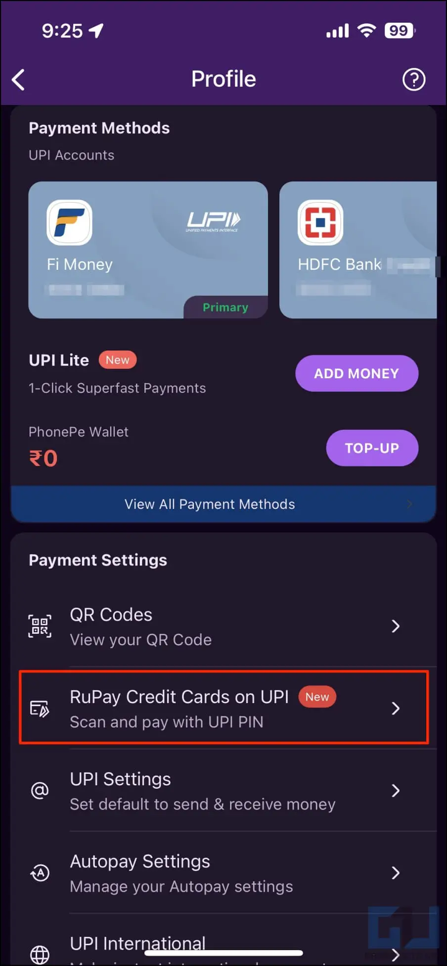 PhonePe UPI에 루페이 신용 카드 추가하기