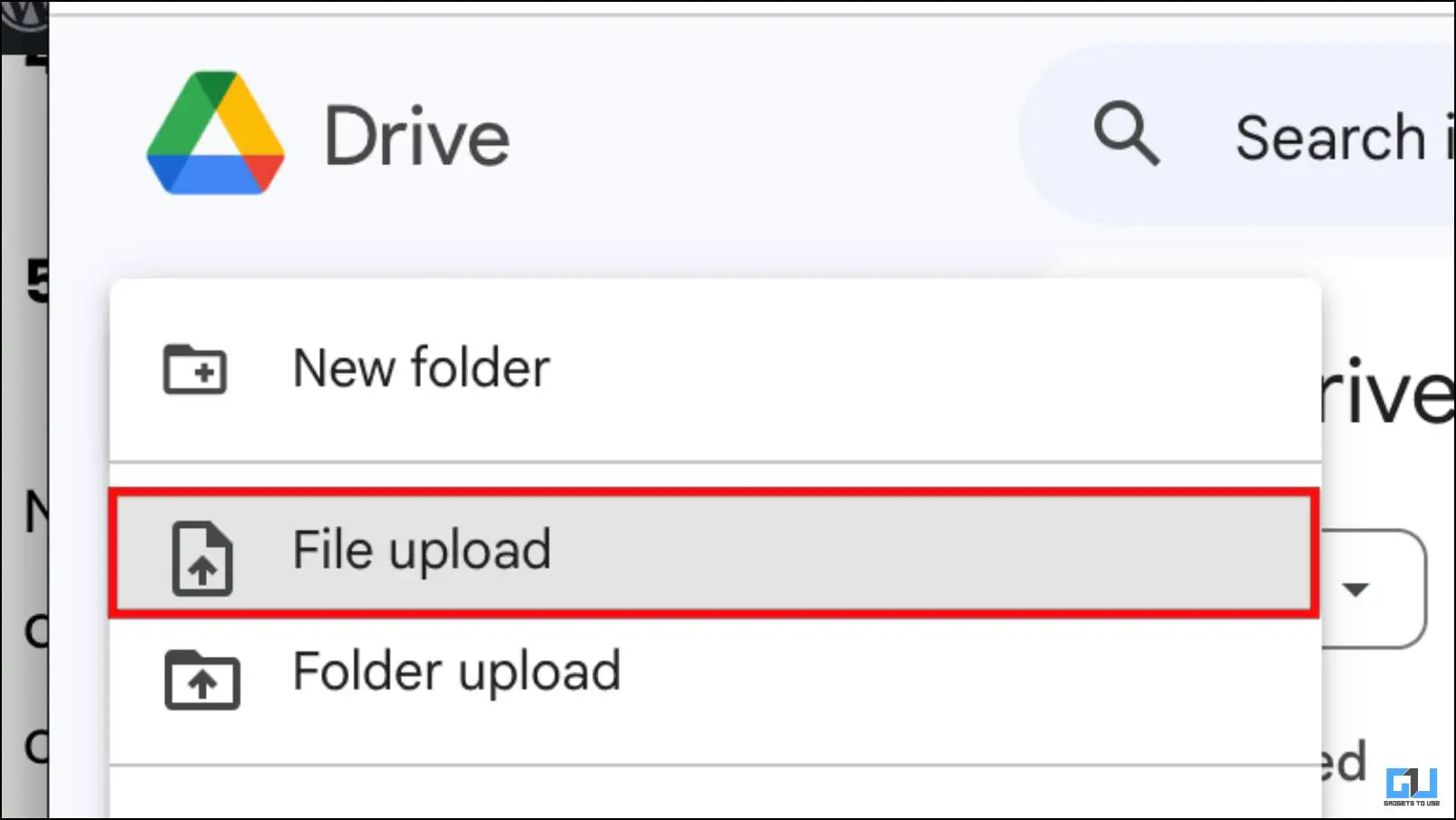 Google 드라이브에서 파일 업로드 옵션을 선택합니다.