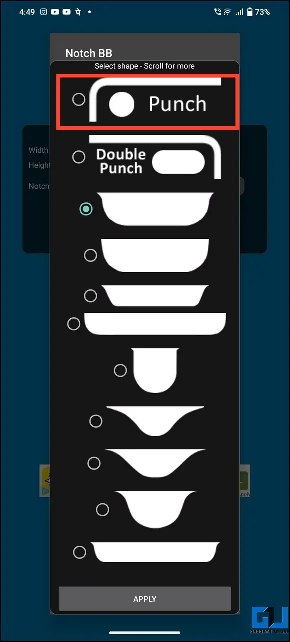 노치 배터리 바 앱에서 노치 스타일을 선택합니다.