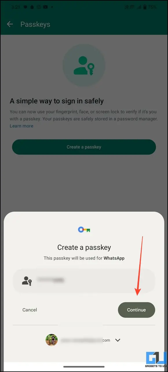 타 계속해서 패스키를 번호와 Google 계정에 연결합니다.