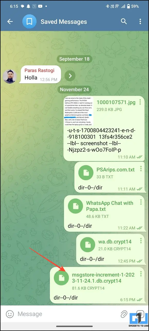 텔레그램 저장된 메시지에서 WhatsApp 백업 파일에 접근하기