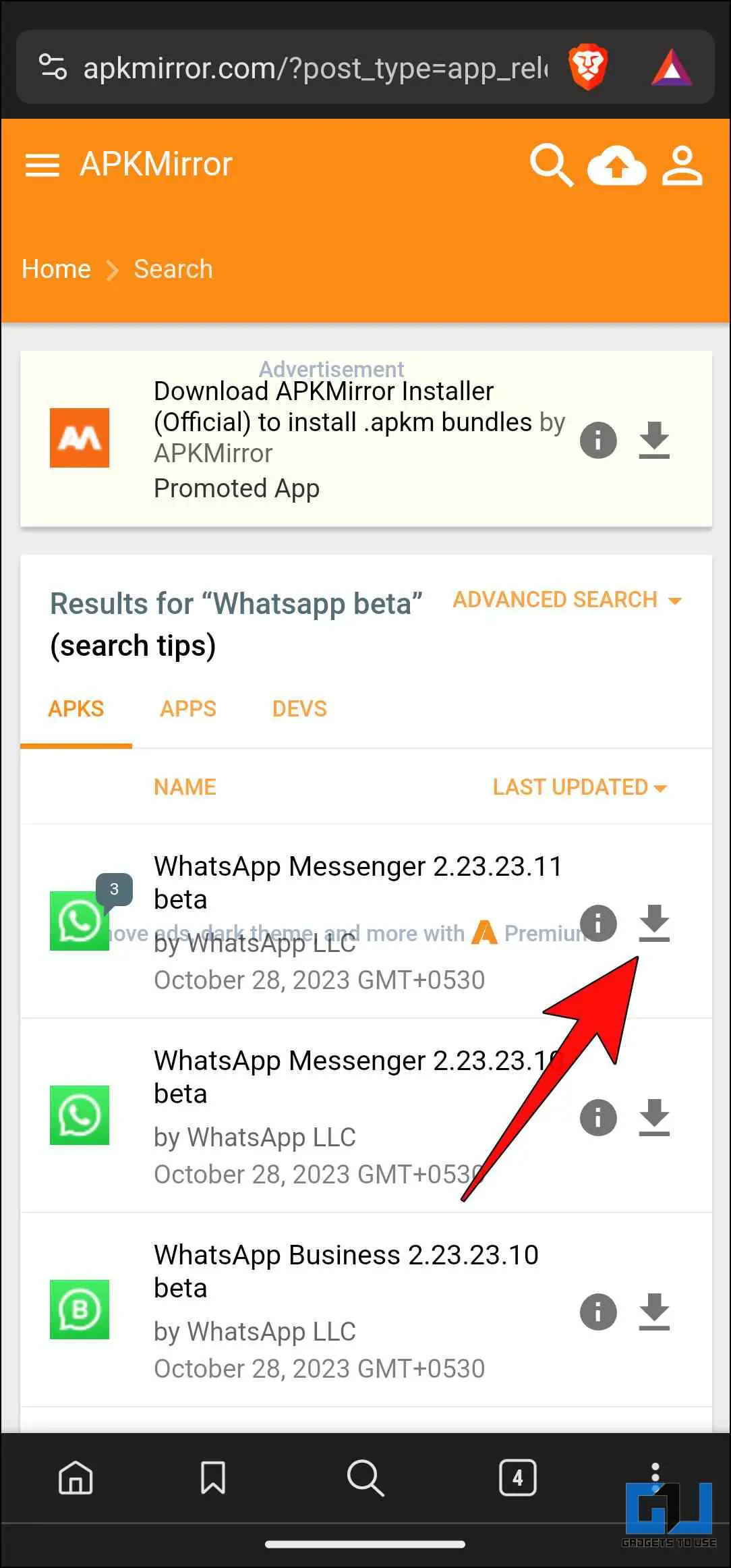 최신 WhatsApp 베타 APK를 선택하고 다운로드 아이콘을 탭합니다.