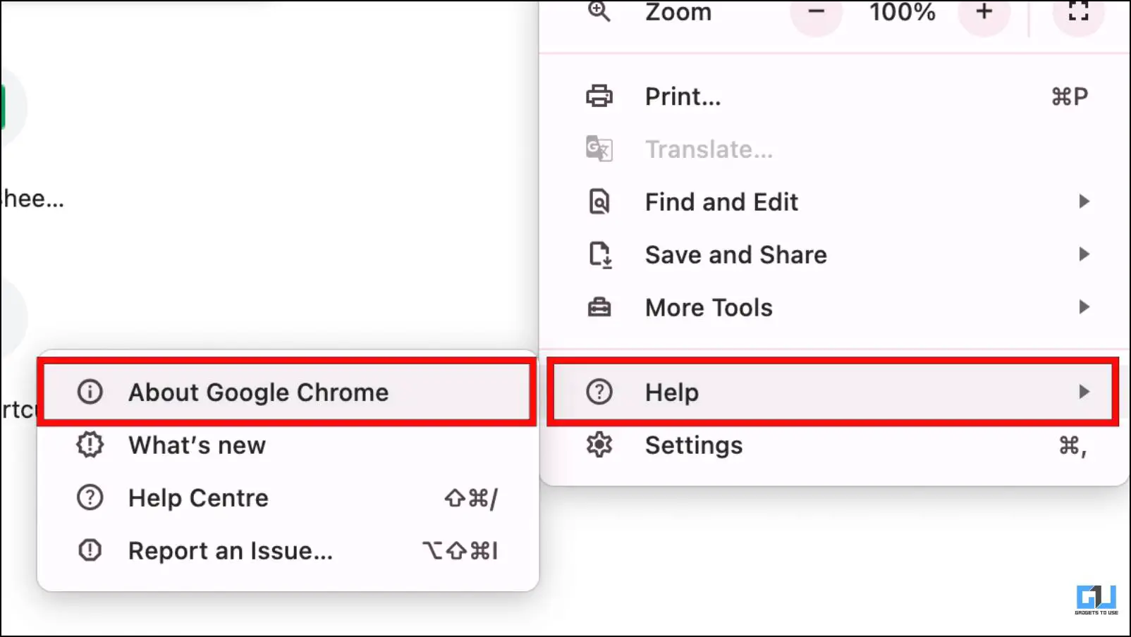 Google 크롬의 도움말 옵션에서 Chrome 정보로 이동합니다.