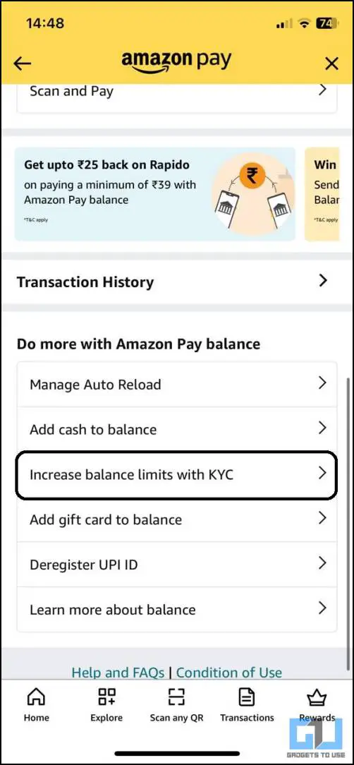 비디오 KYC로 2000 루피 입금까지 Amazon Pay 잔액 한도 늘리기