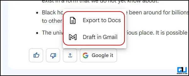 옵션을 사용하여 문서로 내보내거나 Gmail에서 초안으로 내보낼 수 있습니다.