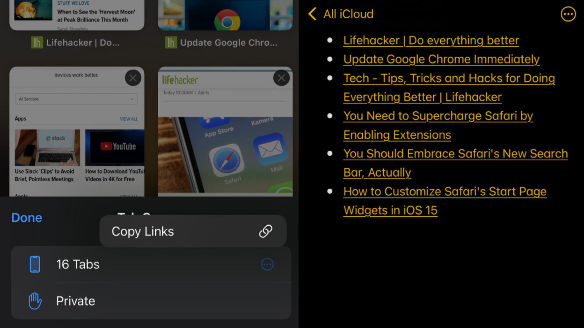 iPhone의 Safari에서 열려 있는 16개의 탭을 보여주는 스크린샷으로, 왼쪽에 링크 복사 버튼이 보입니다. 오른쪽에는 노트 앱이 열려 있고 복사한 모든 링크가 새 노트에 붙여져 있습니다.