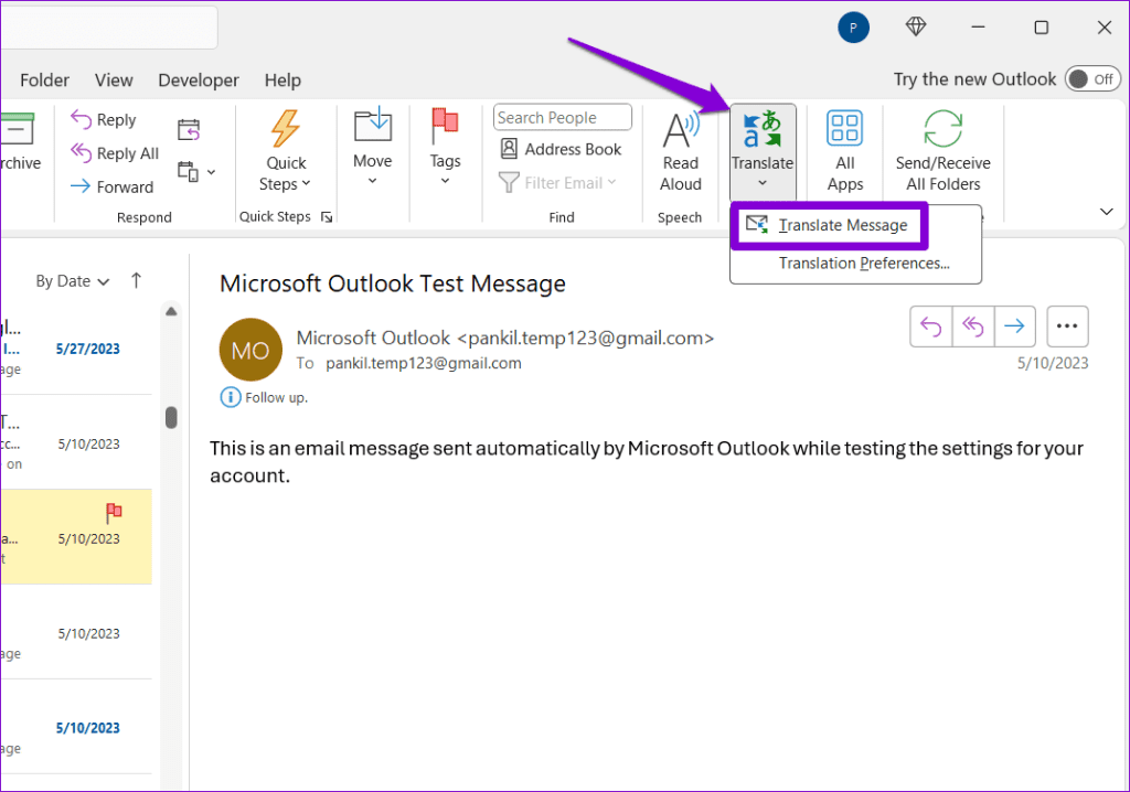 데스크톱용 Outlook의 이메일 메시지 번역 1