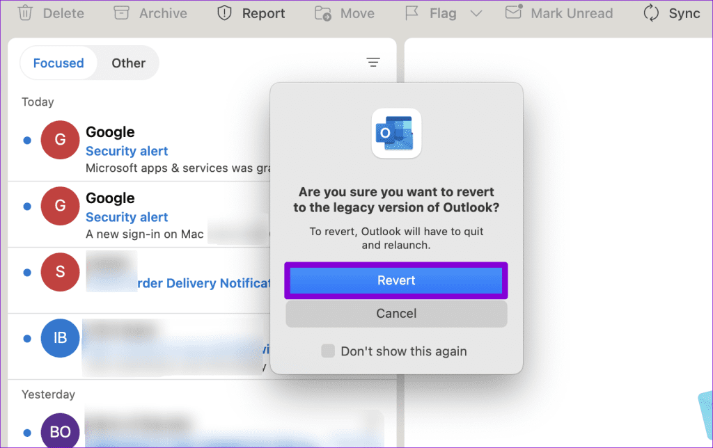 Mac에서 레거시 Outlook 앱으로 되돌리기 확인