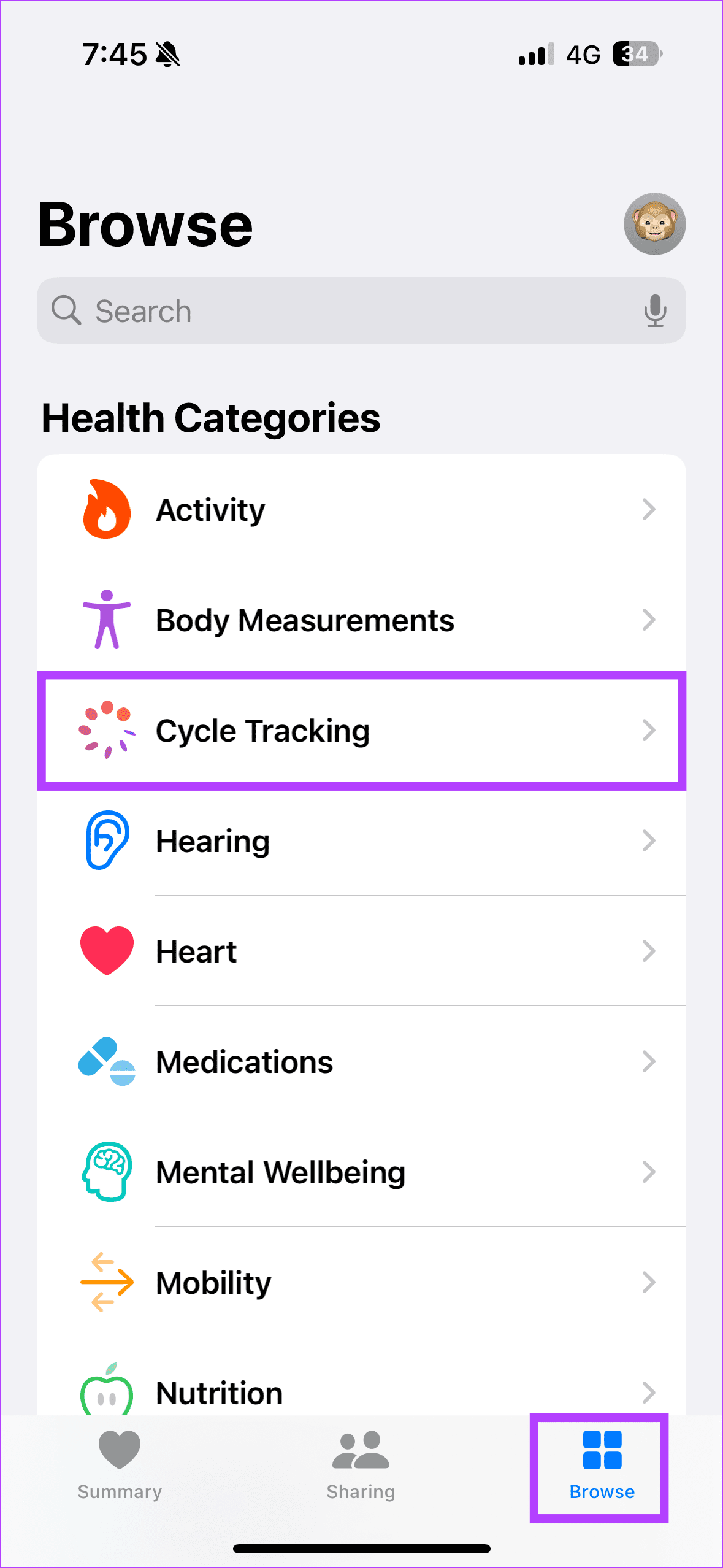 사이클 트래킹 건강 앱을 탭합니다.