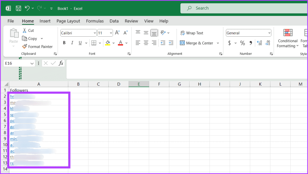 Excel을 열고 팔로워 사용자 아이디를 붙여넣습니다.