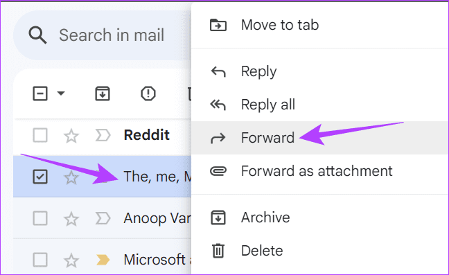 이메일을 마우스 오른쪽 버튼으로 클릭하고 전달을 선택합니다.