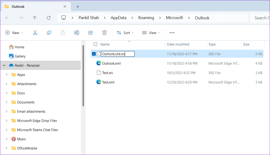 Outlook SRS 파일 이름 바꾸기