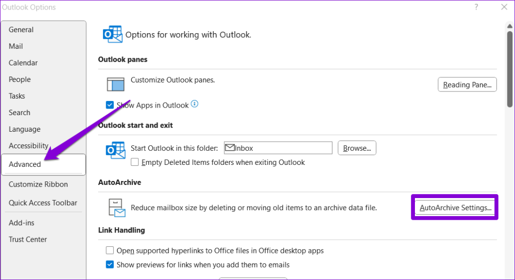 Outlook의 자동 보관 설정