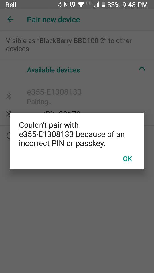 Bluetooth의 잘못된 핀으로 인해 Android를 페어링할 수 없습니다.
