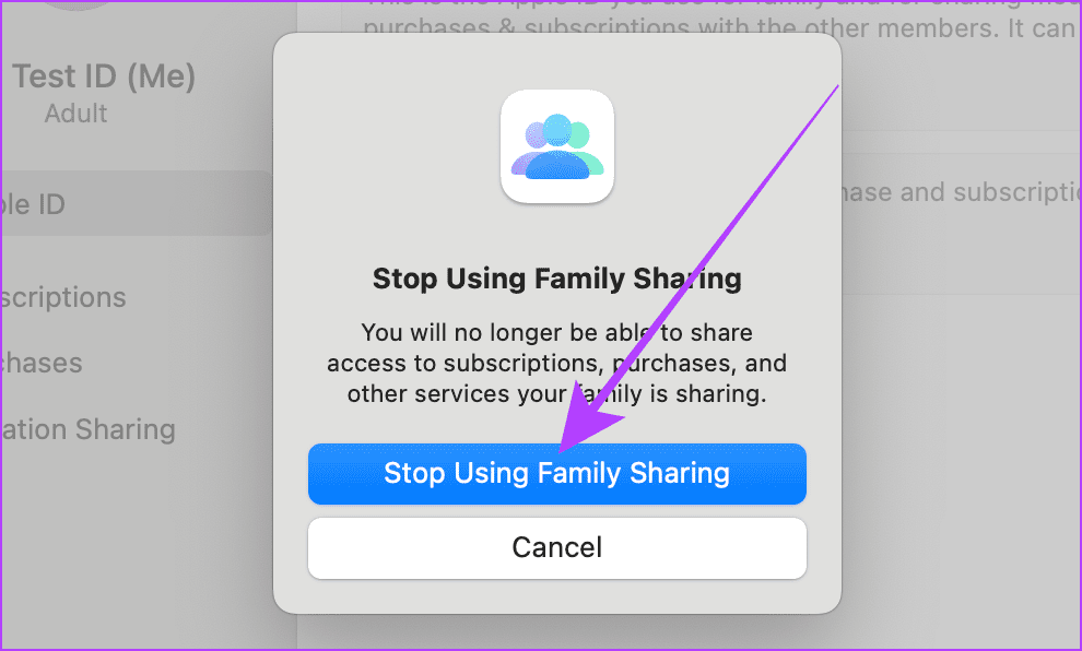 Mac에서 가족 공유 사용 중지하기