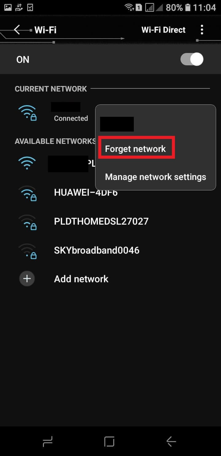 현재 네트워크 연결을 잊어버리세요.