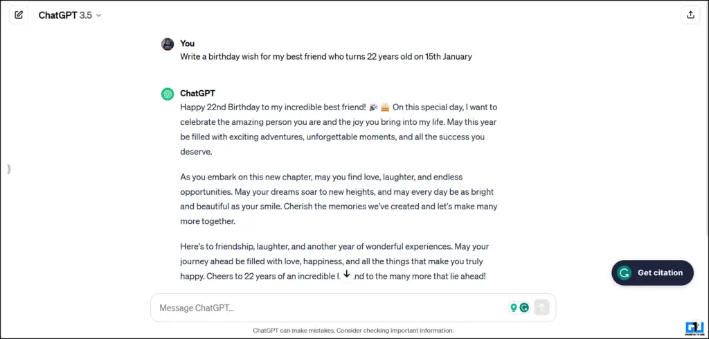 ChatGPT 웹사이트를 사용하여 생일 소원 작성하기