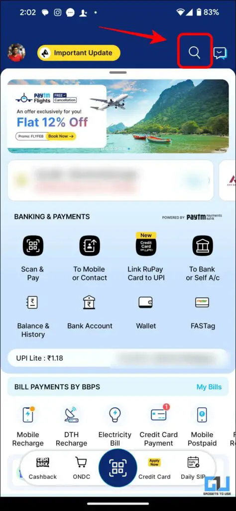 Paytm 앱의 검색 아이콘