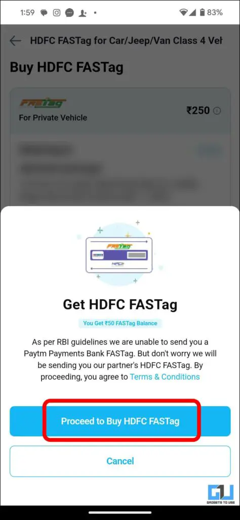 HDFC FASTag 구매 진행