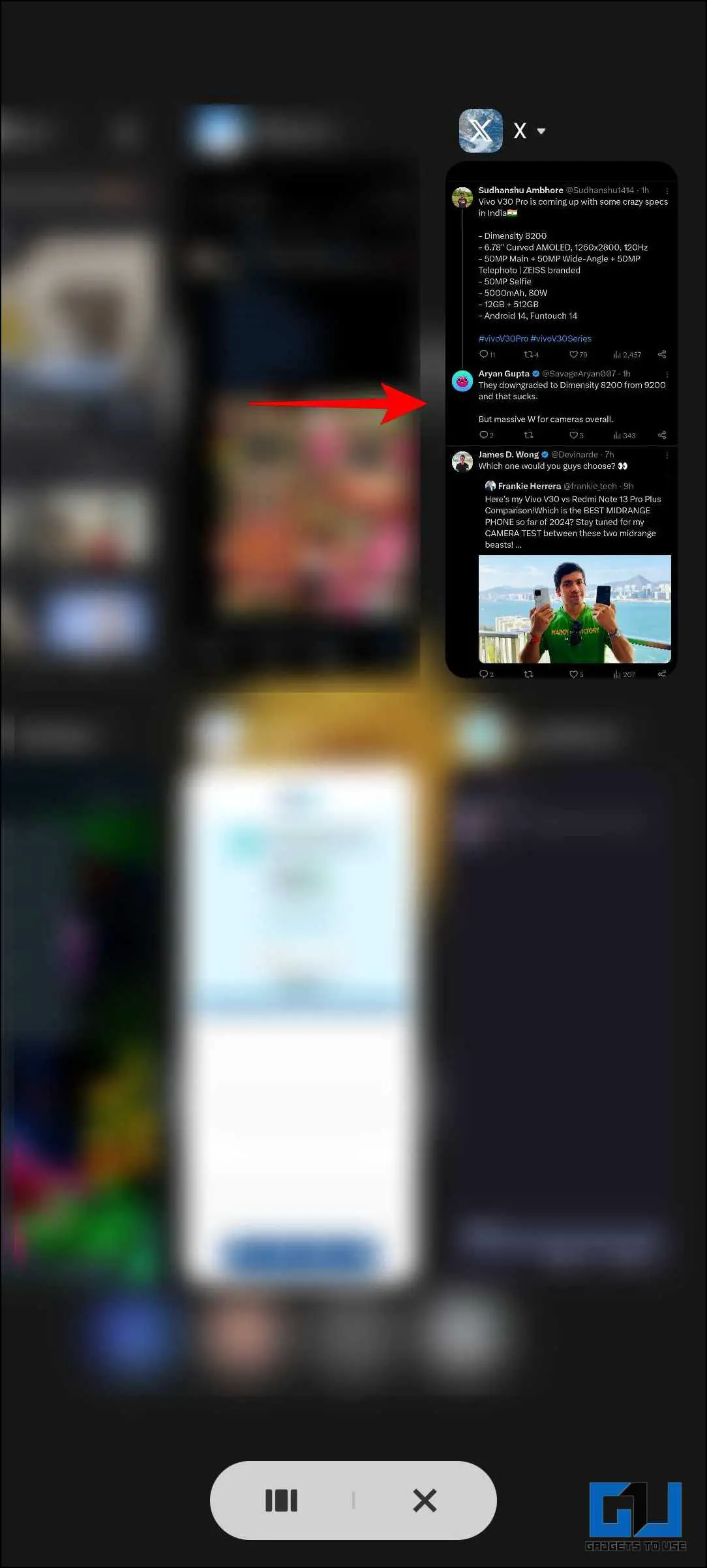 X 앱이 강조 표시된 iQOO 휴대폰의 최근 앱 창