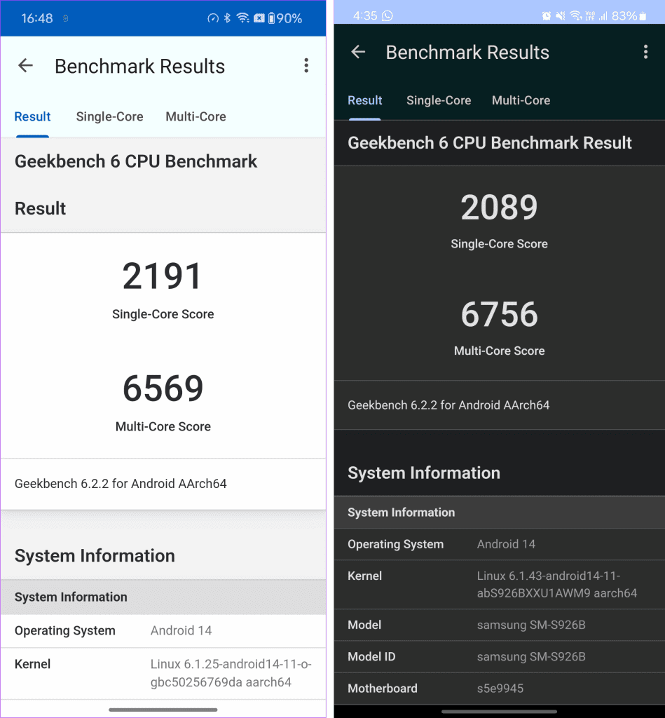 OnePlus 12와 S24 Plus의 긱벤치 측면 비교