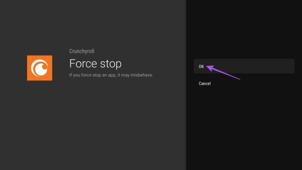 confirm force stop crunchyroll android tv