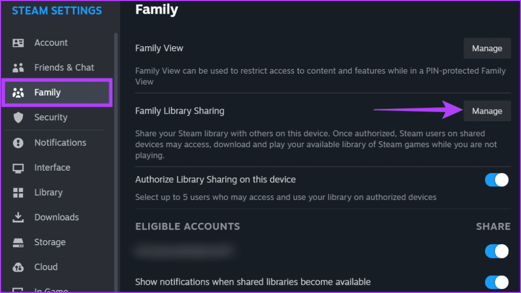 가족을 선택하고 가족 라이브러리 공유 옆에 있는 관리 버튼을 클릭하세요.