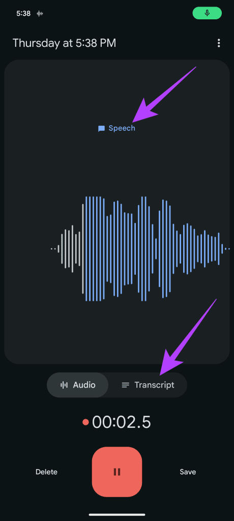 레코더 앱을 사용하여 오디오 녹음 내용을 트랜스크립션하기 2
