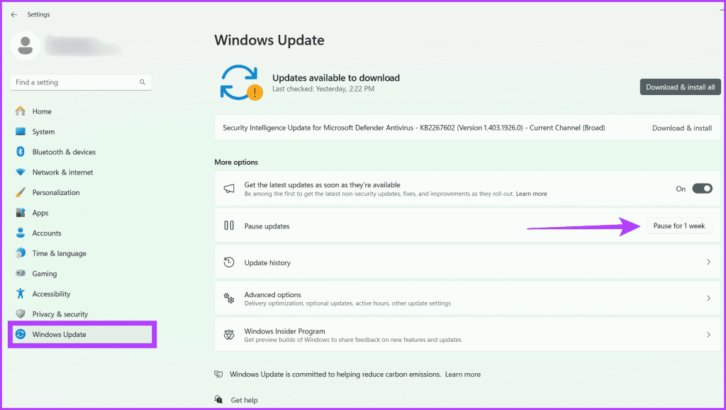 Windows 업데이트 탭으로 이동하여 1주 동안 일시 중지 버튼을 클릭하세요.