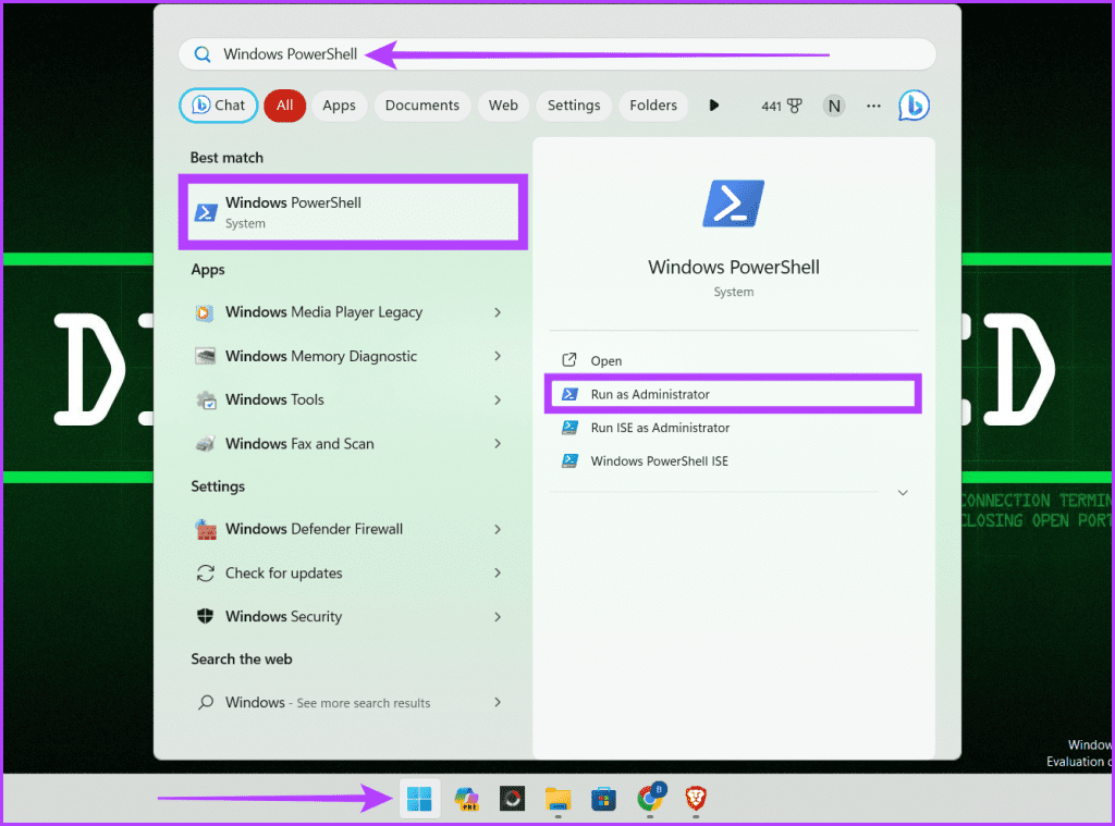 Windows 아이콘을 클릭하여 Windows PowerShell을 검색하고 관리자 권한으로 실행하세요.