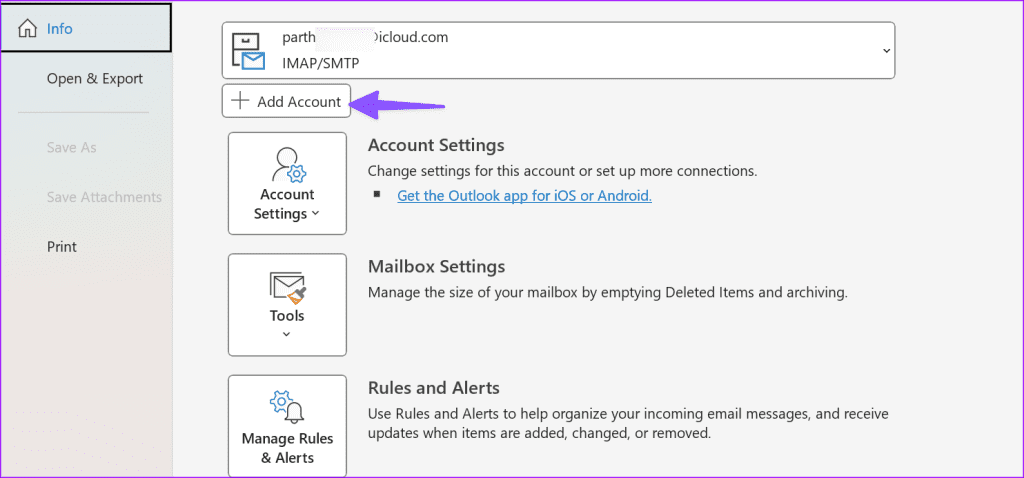 Outlook 18에 iCloud 이메일 추가