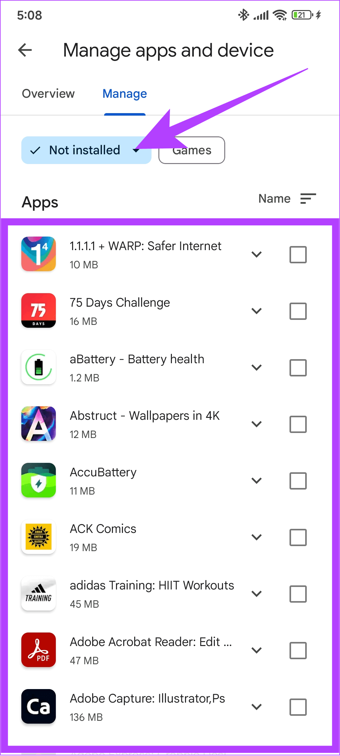설치되지 않음을 선택한 다음 복원하려는 앱을 선택하세요.