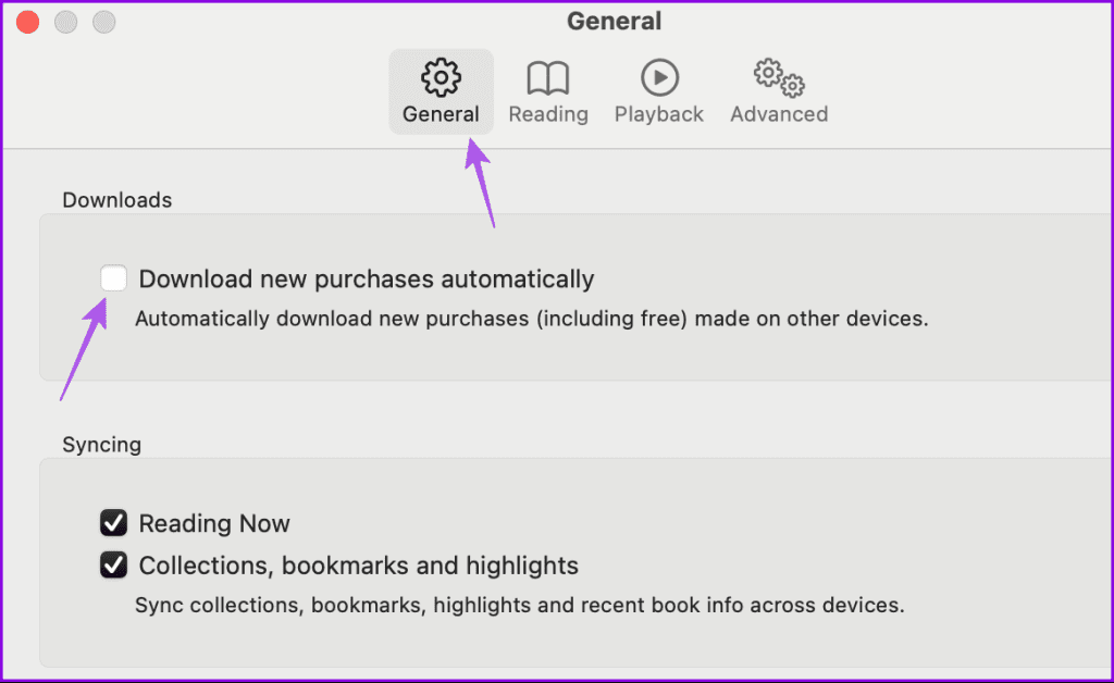 새로운 구매 항목을 자동으로 다운로드 책 앱 Mac