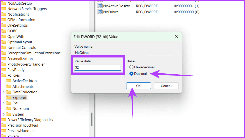 Double click on NoDrives file choose Decimal enter a number in the Value box and click OK