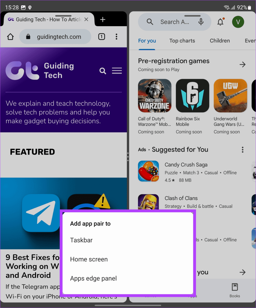 이제 앱 페어의 바로가기를 작업 표시줄, 홈 화면 또는 앱 가장자리 패널 1에 배치하도록 선택할 수 있습니다.